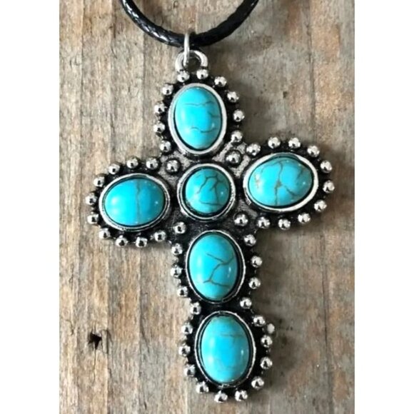 Turquoise Stone Cross Pendant Necklace With Black Cord‎ New - Picture 1 of 4
